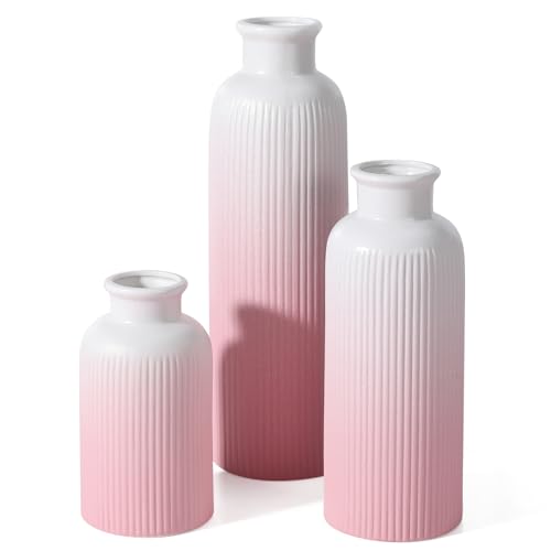 Small Gradient Pink Ceramic Vase Set of 3, Boho Modern Flower Vase Room Decor, Farmhouse Decor, Vases for Your Kitchen, Bathroom, Bedroom, Living Room, Office&Shelf Centerpiece Table Decorations - color: Gradient Pink