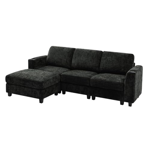 87" Chenille 3 Seater Couch with Soft Ottoman, Black | L-Shape Sectional Sofa with Durable Cup Holders, Upholstered Sofa with Comfy Backrests for Living Room, House - color: Black, size: 87" L-Shape