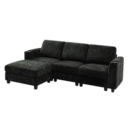 87" Chenille 3 Seater Couch with Soft Ottoman, Black | L-Shape Sectional Sofa with Durable Cup Holders, Upholstered Sofa with Comfy Backrests for Living Room, House - color: Black, size: 87" L-Shape