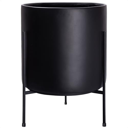 D'vine Dev Cylinder Planter Pot with Metal Stand, Black, 16 in, 96-T-B-5 | Durable Fiberclay Construction, Sleek Modern Design, Heavy-Duty Iron Stand, Drainage Hole & Saucer, Elegant Indoor Display - color: Black, size: XX-Large 16 Inch