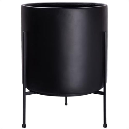 D'vine Dev Cylinder Planter Pot with Metal Stand, Black, 16 in, 96-T-B-5 | Durable Fiberclay Construction, Sleek Modern Design, Heavy-Duty Iron Stand, Drainage Hole & Saucer, Elegant Indoor Display - color: Black, size: XX-Large 16 Inch