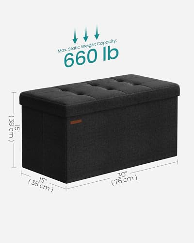 SONGMICS Mazie Collection - 76.2cm(30인치) 접이식 보관 오토만 벤치, 오토만 발 받침대, 침대 끝 벤치, 보관 상자, 하중 299.4kg(660파운드), 거실, 침실, 입구, 잉크 블랙 ULSF047B01 - color: 잉크 블랙., size: 15"D x 30"W x 15"H