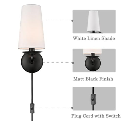 Moose Modern Black Wall Sconces Plug-in Set of Two with Fabric Shade | Industrial Black Linen with On/Off Switch Wall Lamp for Bedside, Living Room, Hallway, House Reading - color: Black, size: 2-Pack | 1-Light