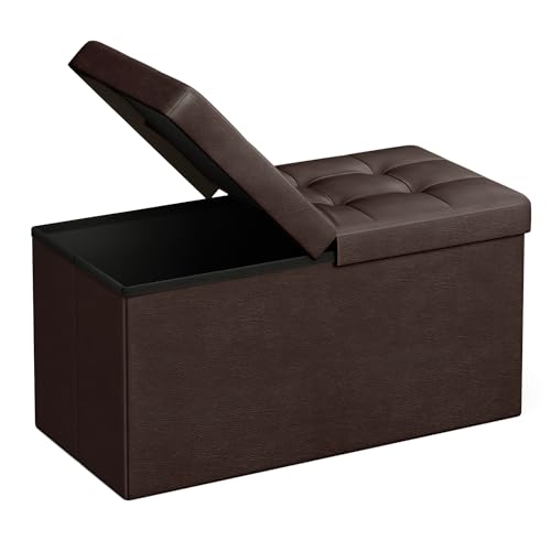 SONGMICS MAZIE Collection - 30 Inches Storage Ottoman Bench with Flipping Lid, Storage Chest Footstool, Load 660 lb, for Entryway, Living Room, Bedroom, Synthetic Leather, Brown ULSF45BR - color: Brown, size: 15"D x 30"W x 15"H, style: Classic