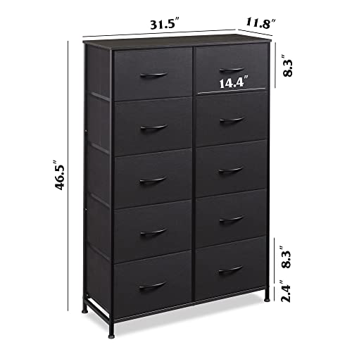 WLIVE Tall Dresser for Bedroom with 10 Drawers, Black | 10 Drawers, Fabric Dresser for Closet, Storage Tower with Cabinet, Metal Frame - color: Charcoal Black
