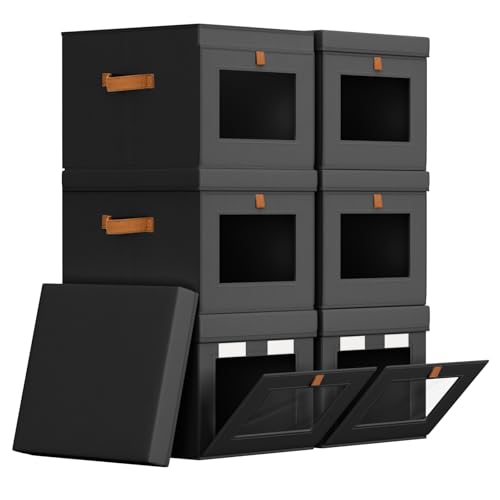 Storage Bins with Lid – Closet Organizer with Side Opening and Clear Window, Foldable Stackable Fabric Basket for Clothes, Home, Office - 13.77" x 11.8" x 9.8", 6 Pack, Black - color: Black, size: 13.7 Inch-6 Pack
