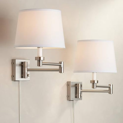 Vero Brushed Nickel Swing Arm Plug-In USB Wall Lamps Set of 2 Light Fixture | Modern Charging Port White Hardback Drum Shade for Bedroom Bedside Living Room Reading House