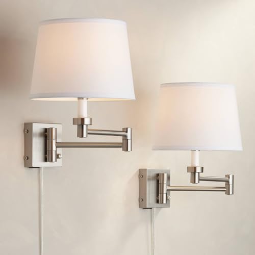 Vero Brushed Nickel Swing Arm Plug-In USB Wall Lamps Set of 2 Light Fixture | Modern Charging Port White Hardback Drum Shade for Bedroom Bedside Living Room Reading House