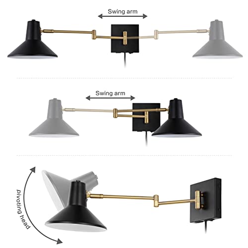 JONATHAN Y Hygge 1-Light Modern Swing Arm USB Sconce 8", Black/Brass Gold | Metal Construction, Plug-In Midcentury Bedside Wall Lamp, Cone Shade, Adjustable Head, LED Bulb Included - color: Black/Brass Gold