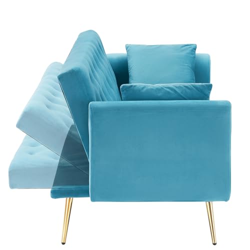 71" Modern Velvet Sofa Bed Futon, Convertible Sleeper Couch, Adj. Backrest | Tufted Recliner Loveseat Design with Golden Chrome Legs & 2 Pillows, Perfect for Small Spaces, Living Room, Apartment - color: Light Blue