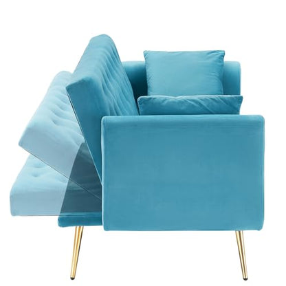 71" Modern Velvet Sofa Bed Futon, Convertible Sleeper Couch, Adj. Backrest | Tufted Recliner Loveseat Design with Golden Chrome Legs & 2 Pillows, Perfect for Small Spaces, Living Room, Apartment - color: Light Blue