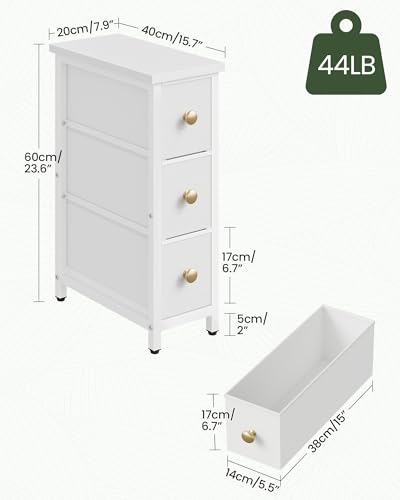 Narrow Side Table with 3 Fabric Drawers, Industrial Slim Bedside Table for Small Spaces, Bedroom, Living Room, Dormitory, White TBZ09WB - color: White
