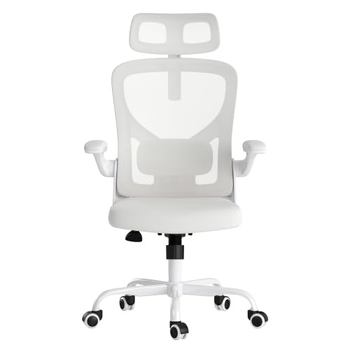 Office Desk Chair Computer High Back Mesh Gaming Seat with Ergonomic Adjustable Comfy Flip-up Armrests Lumbar Support Height for Home Office (White) - color: White