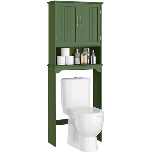 Yaheetech Over the Toilet Storage Cabinet, Bathroom Organizer, Green | Adjustable Shelf Frees Up Floor Space, Open Compartment, Beadboard Doors, Holds Towels, Anti-Tip Kit Included - color: Green