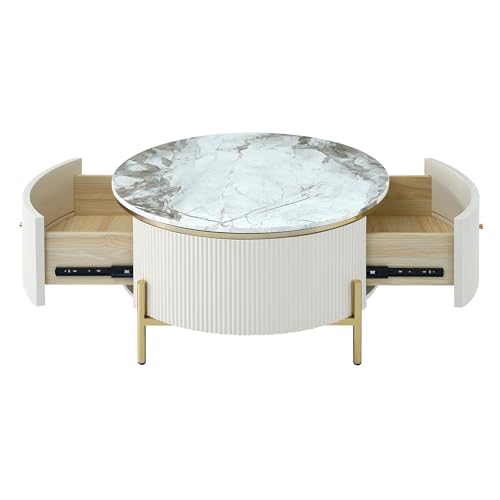 JUSTONE Modern Round White & Gold Coffee Table with Drawers,Drum Coffee Table with Golden Legs Circular Center Table with Marble Pattern Top for Living Room Apartment Office-White - color: 31.5'' - Off White
