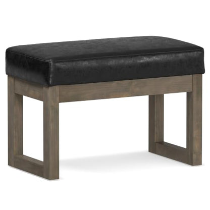 SIMPLIHOME Milltown 27" Wide Vegan Leather Rectangle Ottoman in Black | Distressed black, contemporary ottoman with a cushioned seat for bedroom seating; footstool, footrest or bench. - color: Distressed Black, style: Small Ottoman Bench