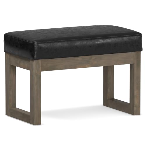 SIMPLIHOME Milltown 27" Wide Vegan Leather Rectangle Ottoman in Black | Distressed black, contemporary ottoman with a cushioned seat for bedroom seating; footstool, footrest or bench. - color: Distressed Black, style: Small Ottoman Bench