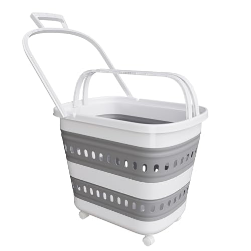 Collapsible Plastic Rolling Laundry Basket Hamper with Wheels, 45L Portable Rubber Clothes Basket, Pop Up Storage Container/Organizer for Washing & Storage, Grey - color: Grey, size: 45L