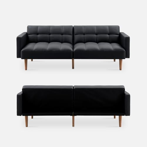mopio 76.4" Futon Sofa Bed Tufted Styled, Sleeper Couch (Midnight Black PU) | Easy-clean surface reclines flat for visitors; a space-smart mid-century silhouette works anywhere. - color: Aaron Pu, Midnight Black