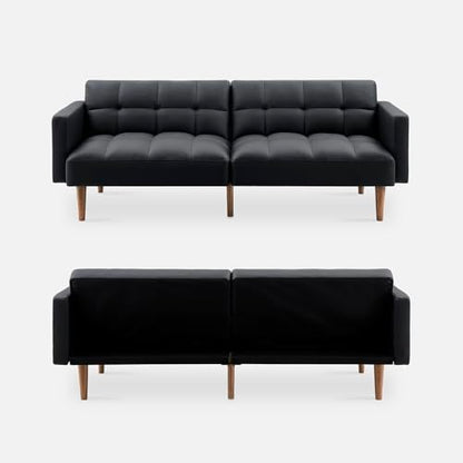 mopio 76.4" Futon Sofa Bed Tufted Styled, Sleeper Couch (Midnight Black PU) | Easy-clean surface reclines flat for visitors; a space-smart mid-century silhouette works anywhere. - color: Aaron Pu, Midnight Black