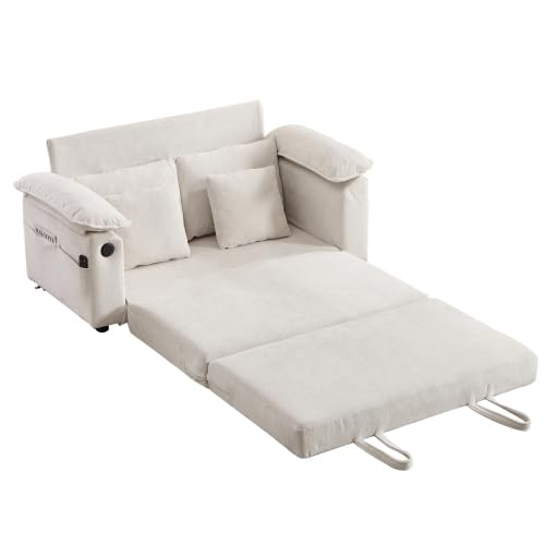 3-in-1 Convertible Pull Out Loveseat Sofabed, Upholstered Sleeper Sofa Bed | Foldable Loveseat Sleeper Couch, Space‑Saving Lounge Mattress Sofa with Pillows & Cushion for Living Room/Apartment, White - color: White