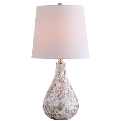 JONATHAN Y Mona Coastal Mini LED Table Lamp 20.5" Bedside, Seashell | White Linen Drum Shade, Mother Of Pearl Resin Body, On-Off Rotary Switch, LED Bulb Included - color: Seashell