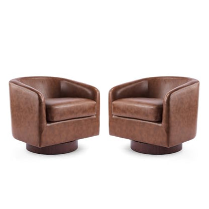 VINGLI 360°Swivel Accent Chairs Set of 2 with Engineered Wood Base and Removable Cushion for Living Room, Bedroom, Curved Back Barrel Chairs for Small Space, Upholstered Bucket Armchairs, Pu-Brown - color: Pu-brown