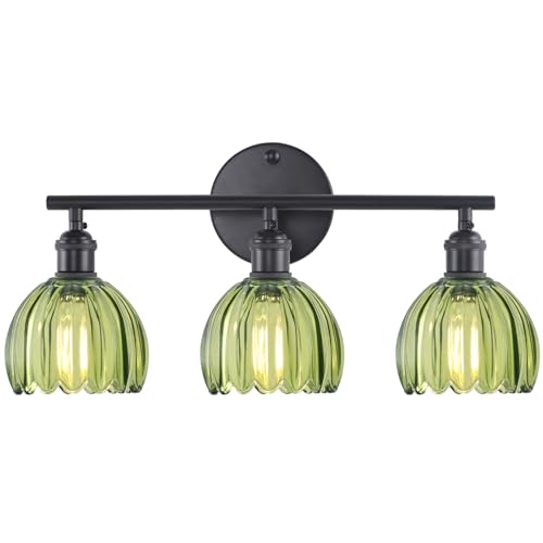 Shenmoyl Bathroom Light Fixtures, 3-Light Black Vanity wall Light Over Mirror with Green Tulip Glass Shade for Bedroom Living Room (Bulb Not Included) - color: Black Base-Green, size: 3-light