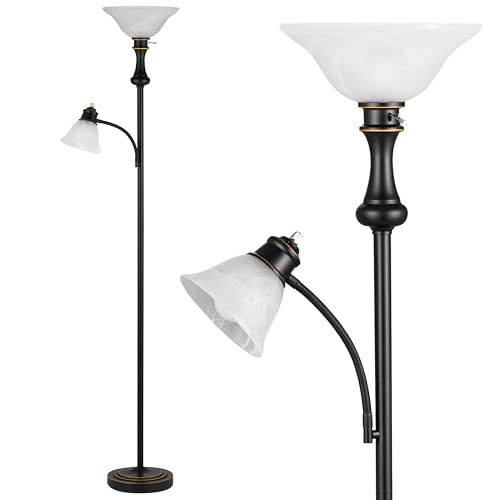 Torchiere Floor Lamp with Adjustable Angle Reading Lamp-Black 71IN | Standing Lamp for Bedroom with Glass Shade, Tall Floor Lamp for Living Room Decor, Office, Corner, Knob Switch, Bulb Included - color: Black