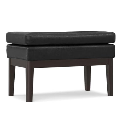 SIMPLIHOME Carlson 27" Wide Woven Fabric Rectangle Ottoman in Black | Mid-century modern ottoman with a padded seat for extra seating in the bedroom or living room; footstool, footrest. - color: Distressed Black, style: Small Ottoman Bench