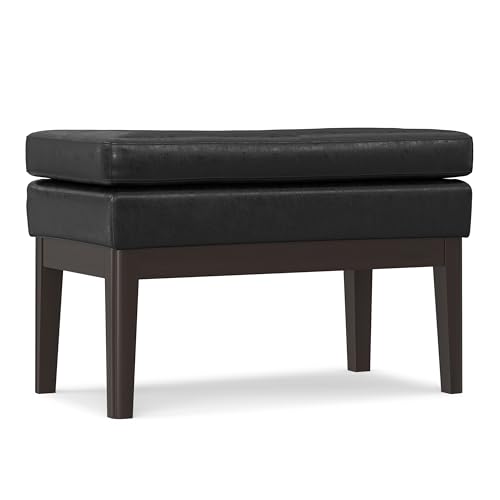 SIMPLIHOME Carlson 27" Wide Woven Fabric Rectangle Ottoman in Black | Mid-century modern ottoman with a padded seat for extra seating in the bedroom or living room; footstool, footrest. - color: Distressed Black, style: Small Ottoman Bench
