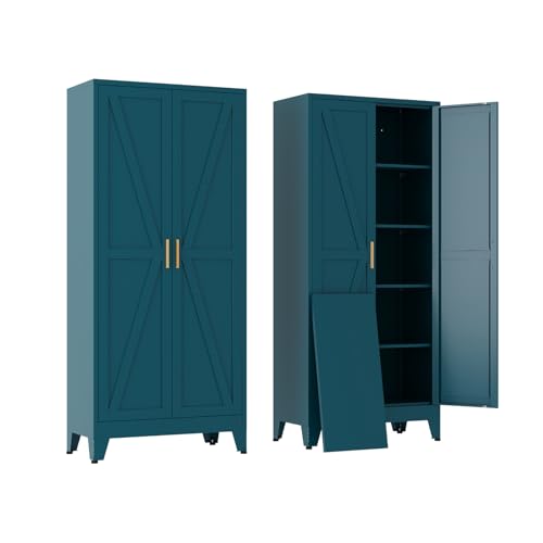Tall Kitchen Pantry Storage Cabinet,Metal Blue Cabinets With Doors and Adjustable Shelves,Garage Storage Cabinets,Large Steel Shop Cabinet With Lock,Lockable Tool Cupboard For Living Room (Blue) - color: Blue, size: 71"H-2Doors