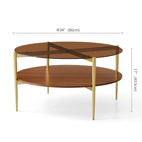 LumFurn Extra Large Round Coffee Table, Mid-Century Modern Design, D34 x H17 in, for Living Room, 2-Tier Structure, Amber Glass Top and Walnut MDF Shelf, Sleek Conical Metal Legs with Gold Finish - color: D34" Amber & Walnut