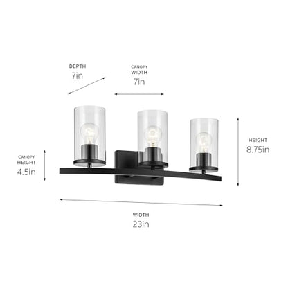 Kichler Crosby 23" 3-Light Vanity Light with Clear Glass in Black, for Bathroom, Powder Room, (23" x 8.75"), 45497BKCLR - color: Black, size: 3 Light, style: Clear Glass