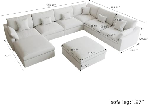 Cloud Modular Sectional Couch for Living Room, Convertible Wide Deep Seat Sleeper Sofa with Ottomans, 8 Seater Living Room Sofa Furniture Set,Covers Washable&Replaceable, White - color: White, size: 8 Seater