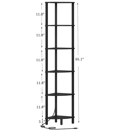 VIMBER 6-Tier Corner Shelf with LED Light, Industrial Corner Ladder Shelf, Rustic Display Shelf for Living Room, Bedroom, Kitchen, Home Office, Sturdy Frame, Black UJSJ002B - color: Black, size: 6-Tier with LED