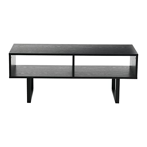 Household Essentials TV Stand Coffee Table with Rectangular Storage Compartments in Oak Wood Grain and Black Metal Frame, Black - color: Black