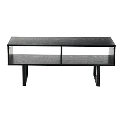 Household Essentials TV Stand Coffee Table with Rectangular Storage Compartments in Oak Wood Grain and Black Metal Frame, Black - color: Black