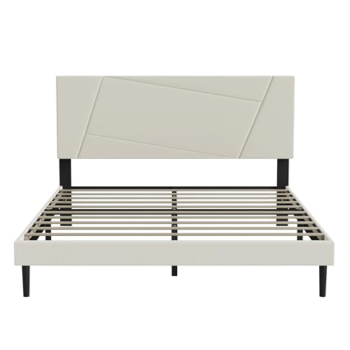 Full Size Upholstered Bed Frame Frame with Headboard，Velvet Beige | Geometric Head Board Platform Bed, Sturdy Wooden Slats, Noiseless No Box Spring Required, Easy to Assemble - color: Beige, size: Full