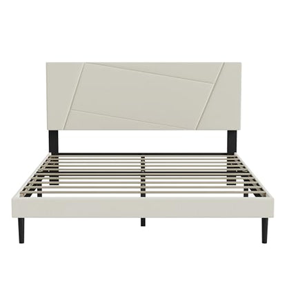 Full Size Upholstered Bed Frame Frame with Headboard，Velvet Beige | Geometric Head Board Platform Bed, Sturdy Wooden Slats, Noiseless No Box Spring Required, Easy to Assemble - color: Beige, size: Full