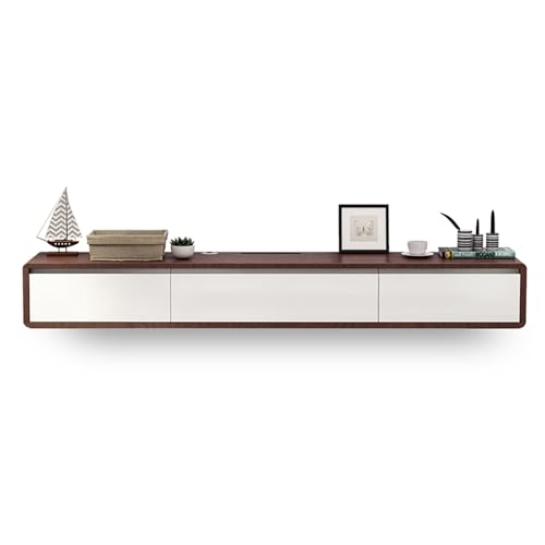 Floating TV Stand In Solid Wood Media Console Centre Floating shelves with doors and drawers Wall Mounted TV Cabinet Easy to assemble Suitable for living room and bedroom(Brown+white,140x24x20c - color: Brown+white, size: 140x24x20cm