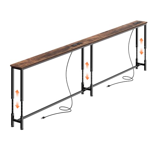 Huuger 86.6 Inch Sofa Table with Power Outlets, 23.9’’-34.4’’ Height Adjustable Range, Behind Couch Table with USB-C Ports, Sofa Tables Narrow Long, Skinny Console Table, Small Spaces, Rustic Brown - color: Rustic Brown, size: 86.6''W x 23.9''-34.4''H