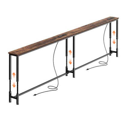 Huuger 86.6 Inch Sofa Table with Power Outlets, 23.9’’-34.4’’ Height Adjustable Range, Behind Couch Table with USB-C Ports, Sofa Tables Narrow Long, Skinny Console Table, Small Spaces, Rustic Brown - color: Rustic Brown, size: 86.6''W x 23.9''-34.4''H