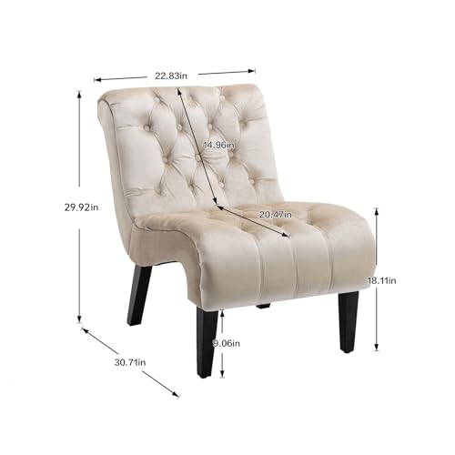 Comfy Velvet Accent Chair Set of 2, Tufted Armless Chair with Rolled Edge | Modern Small Lounger for Living Room, Upholstered Reading Chaise Lounge with Solid Rubber Wood Legs, Beige - color: Beige, size: Set of 2