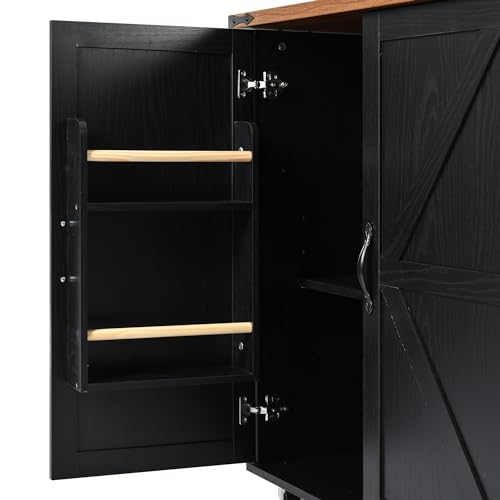 Kitchen Island, Rolling Kitchen Cart with Power Outlet | Built-in power outlet, 2 AC outlets and 2 USB ports, easy charging for coffee maker, juicer, toaster, or devices - color: Black + Particle Board+mdf