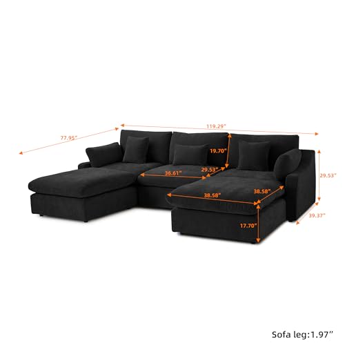 Cloud Couch Modular Sectional Sofa,119.29" U Shaped Couch, Oversized Down Filled Convertible Wide Seater,3 Seater with 2 Ottomans for Living Room Set, Covers Washable&,Black - color: Black, size: 3 Seat &2 Ottoman