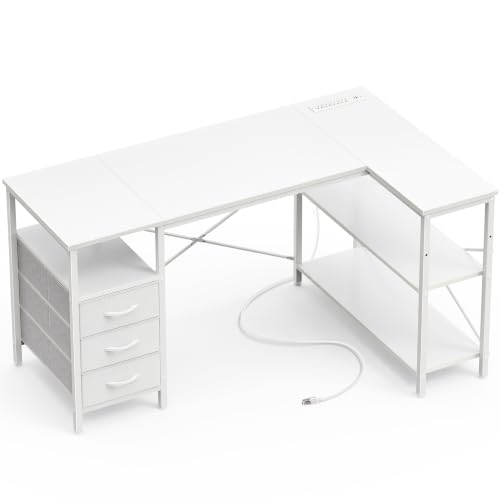 Huuger L Shaped Office Desk with Power Outlets & 3 Drawers | 47 Inch Computer Desk with Shelves, for Gaming, Corner Work, Home Office, Study, White - color: White, size: 47inch