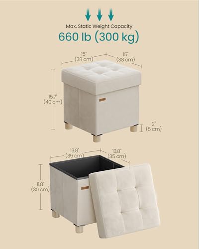 SONGMICS Small Storage Ottoman, Folding Ottoman Cube, 15 x 15 x 15.7 Inches, Footstool, Footrest, 10 Gal. (37 L), Velvet Surface, for Bedroom, Living Room, Dorm, Cappuccino Beige ULSF0516W02 - color: Cream White