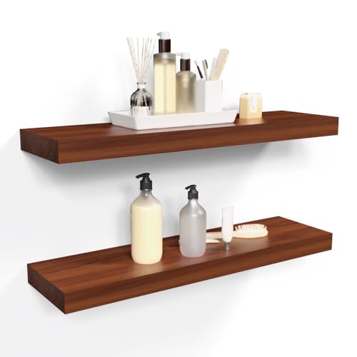 Habudda Floating Shelves for Rustic Home Decor, Natural Solid Wood Wall Shelf, Invisible Bracket Wall Mount, 23.6 Inches, 2 Pack - color: Red Brown, size: 23.6"×6.7"×1.6"