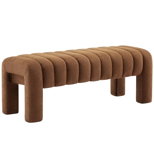 43.3" Bedroom Bench, Upholstered Brown Boucle Ottoman, Modern Tufted Dining Bench with Solid Wood Legs and Adjustable Foot Pegs for Entryway, Dining Room and Living Room (Rust Brown Boucle) - color: Rust Brown Boucle, size: 43.3"